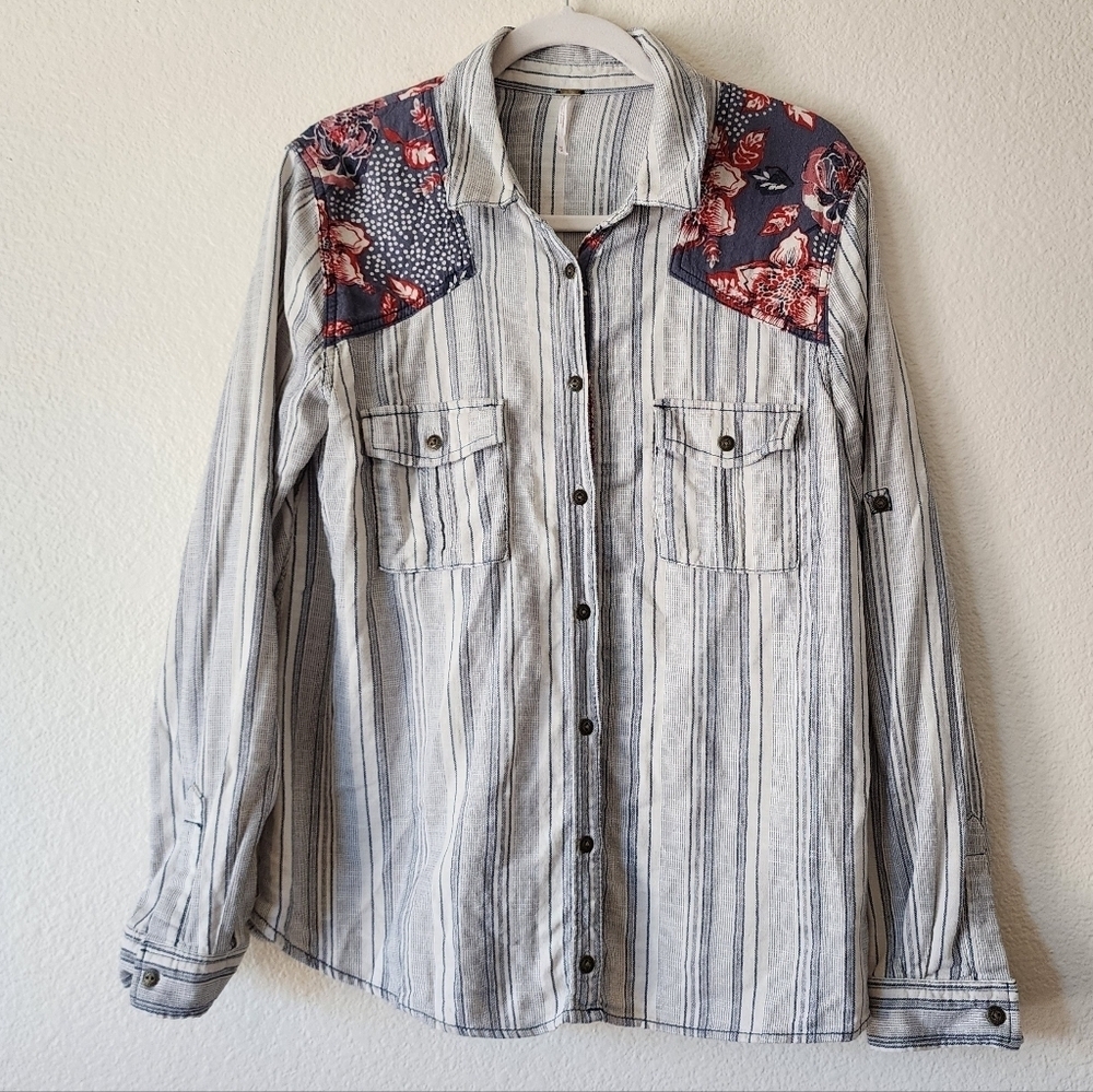 Striped Button-Up Women's Shirt with Floral Yoke